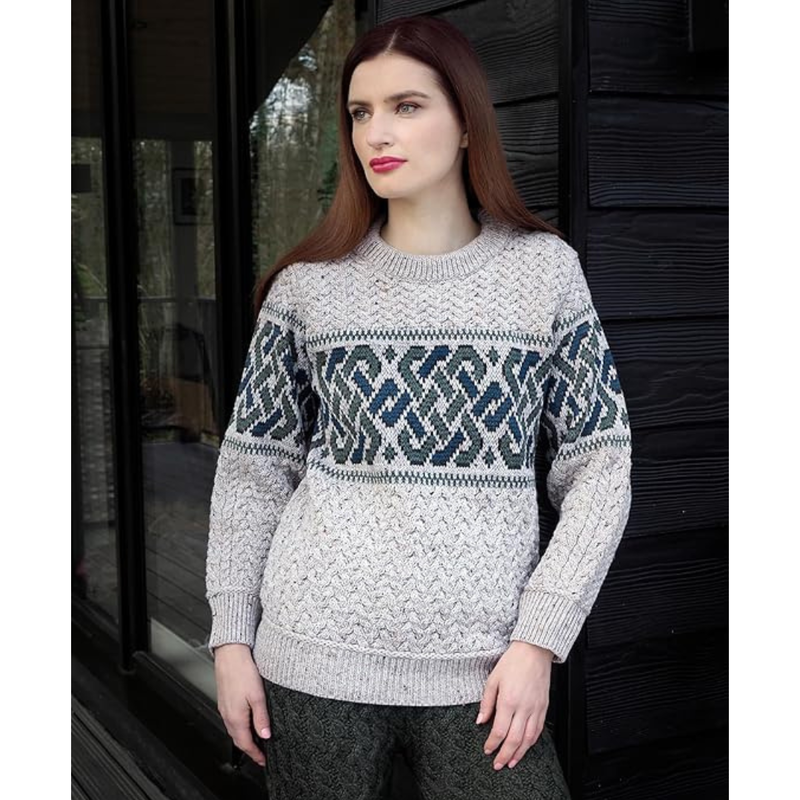 Irish Aran Jacquard Crew Neck Sweater  - Oatmeal